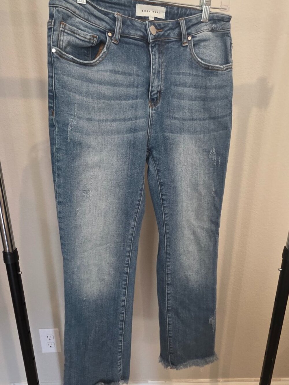 Risen Jeans High-Rise Distressed Raw Hem Straight Leg Denim Size 11/30